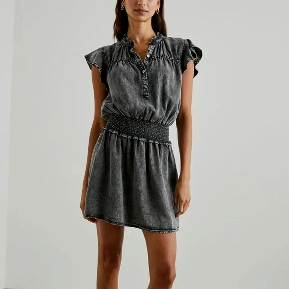 Rails Amina Mini Dress Size XS Black Acid Wash Tencel Denim Smocked Waist Boho